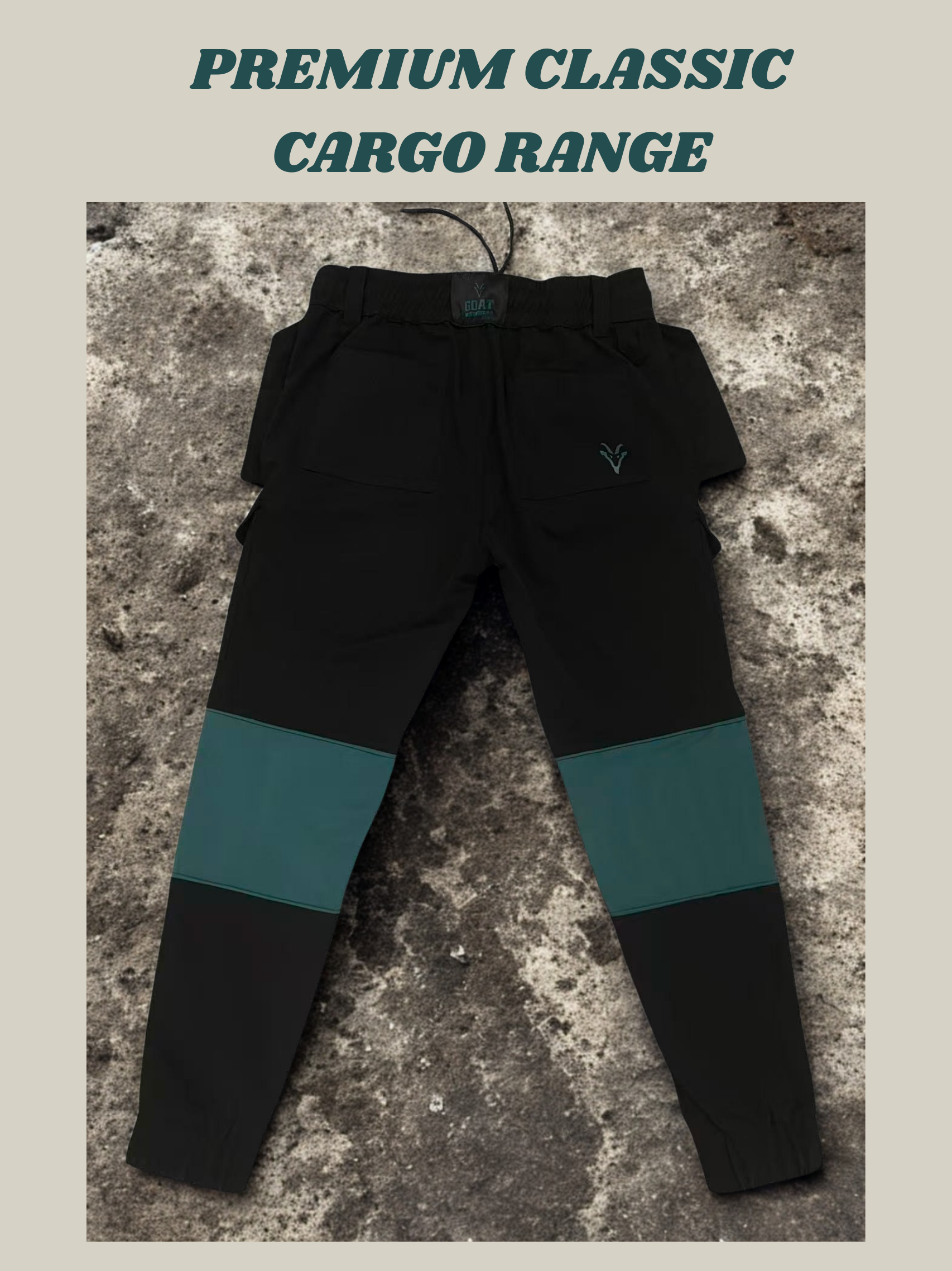 Black construction workwear cargo trousers with teal accents on a textured surface, labeled 'Premium Classic Cargo Range'.