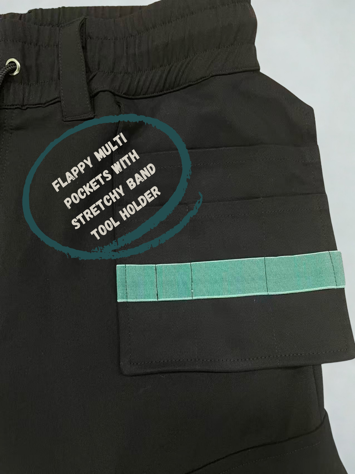 Black workwear trousers with a teal pocket and text label on a white background