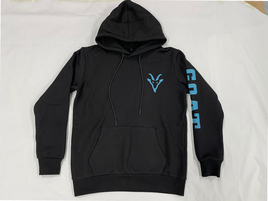 Black hoodie with blue logo and text on a white background