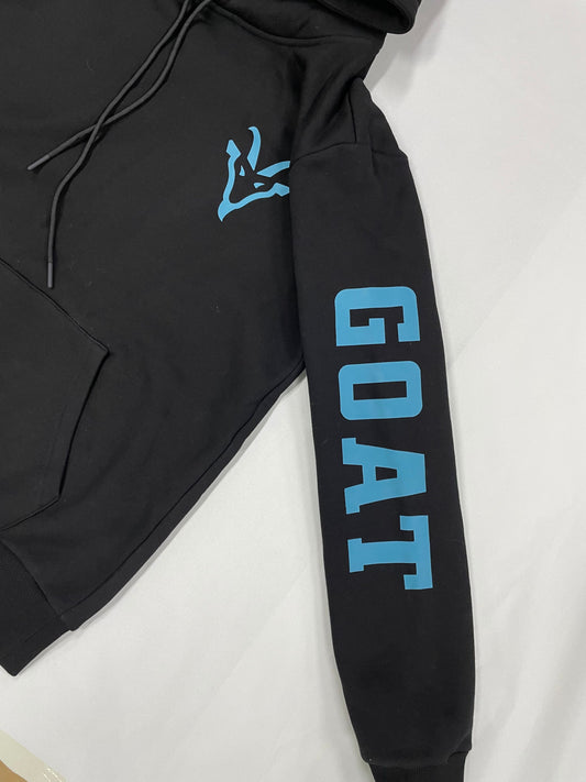 Black Goat Workwear hoodie with blue graphics and text on a white background