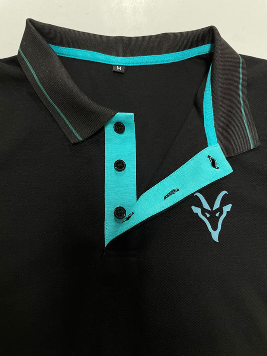 Close up of black and blue premium polo shirt with Goat Workwear branding