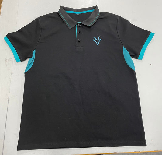 Black and blue premium polo shirt with Goat Workwear branding