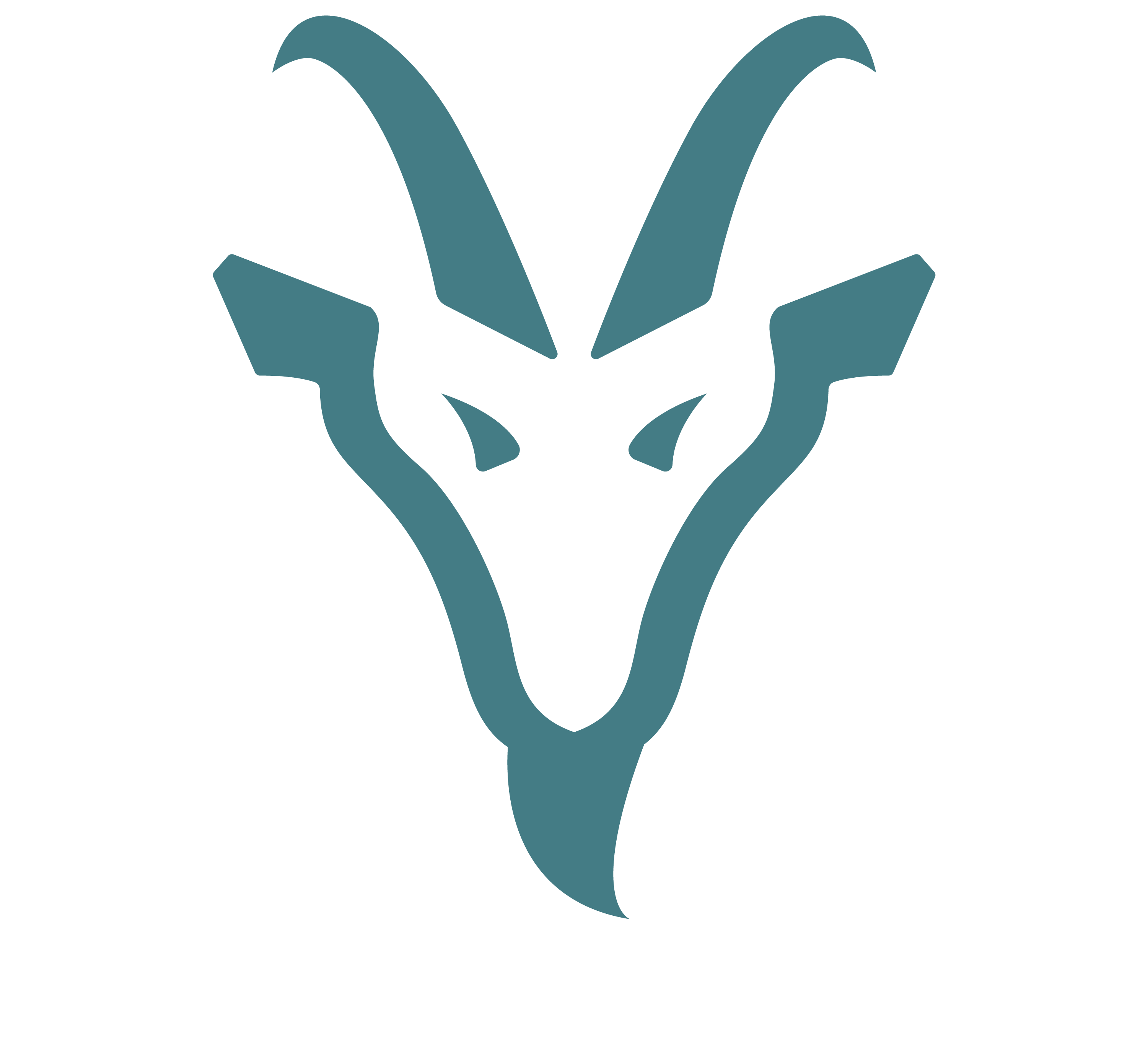 Teal logo of a ram's head with curved horns on a white background